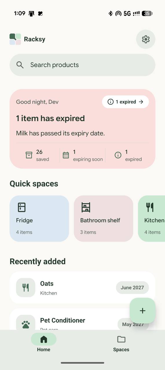 Racksy Home screen showing one expired item.