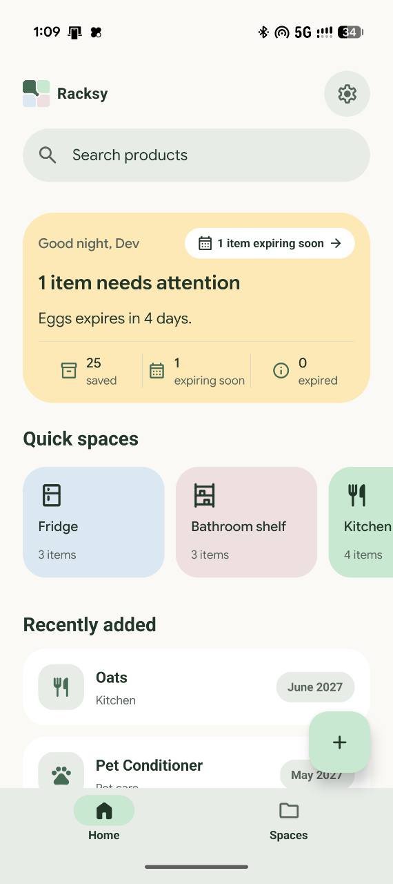 Racksy Home screen showing one item expiring soon.