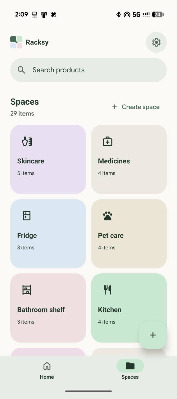 Racksy Spaces interface with skincare, medicines, fridge, pet care and kitchen